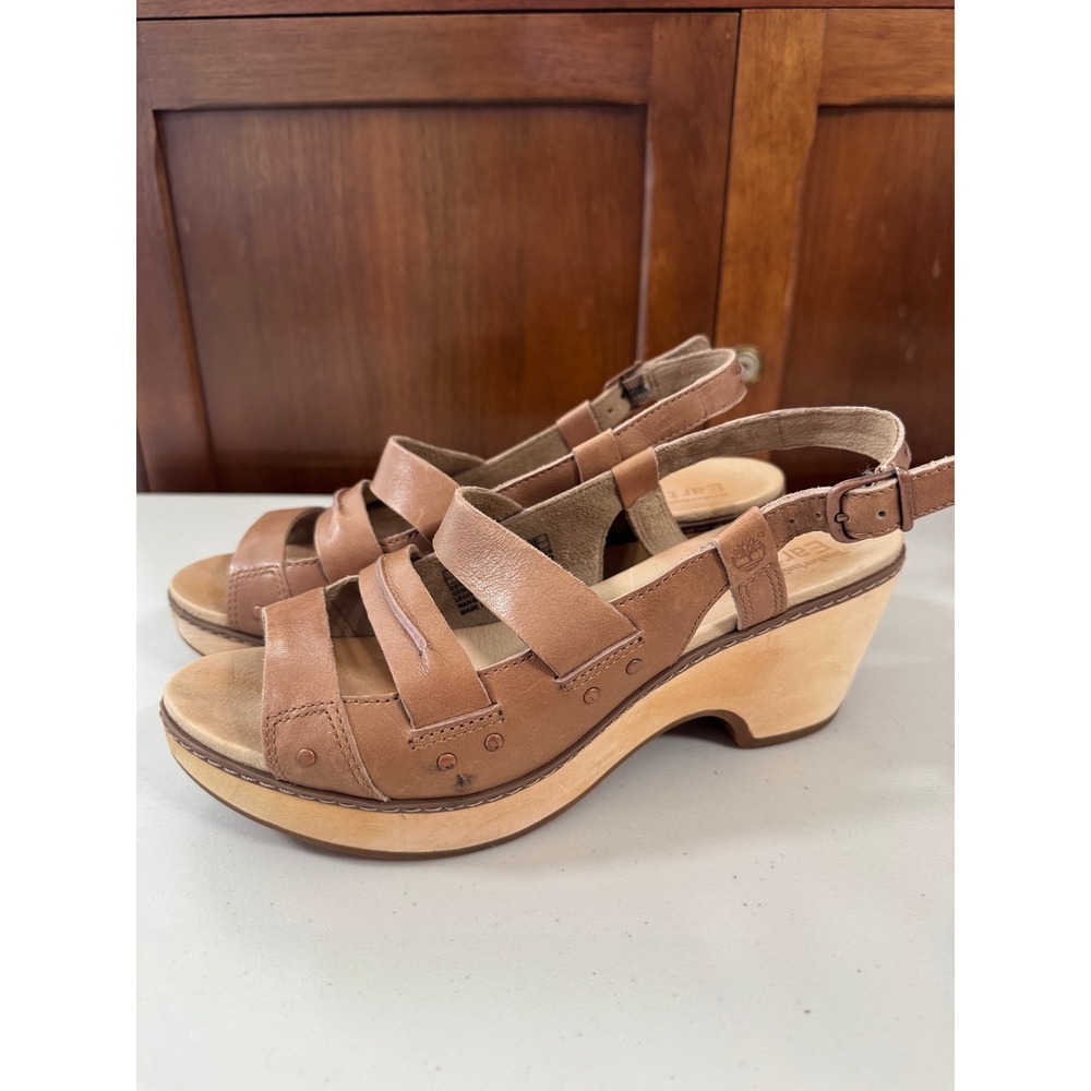 Timberland Earthkeepers Brown Leather Wood Wedge Sandals Womens 8 Boho Retro